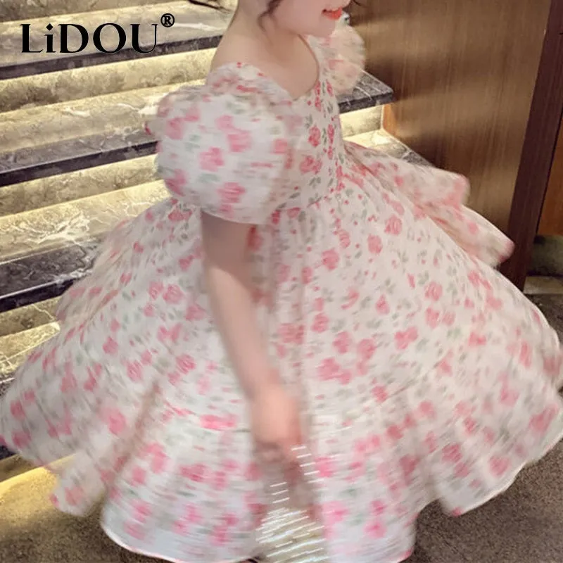 Kids Girls New Fashion Summer Vintage Cute Elegant Floral Loose Casual Dress - KGD8307
