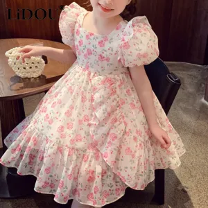 Kids Girls New Fashion Summer Vintage Cute Elegant Floral Loose Casual Dress - KGD8307