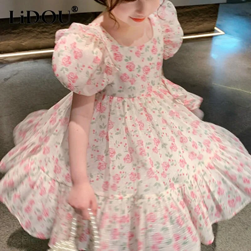 Kids Girls New Fashion Summer Vintage Cute Elegant Floral Loose Casual Dress - KGD8307