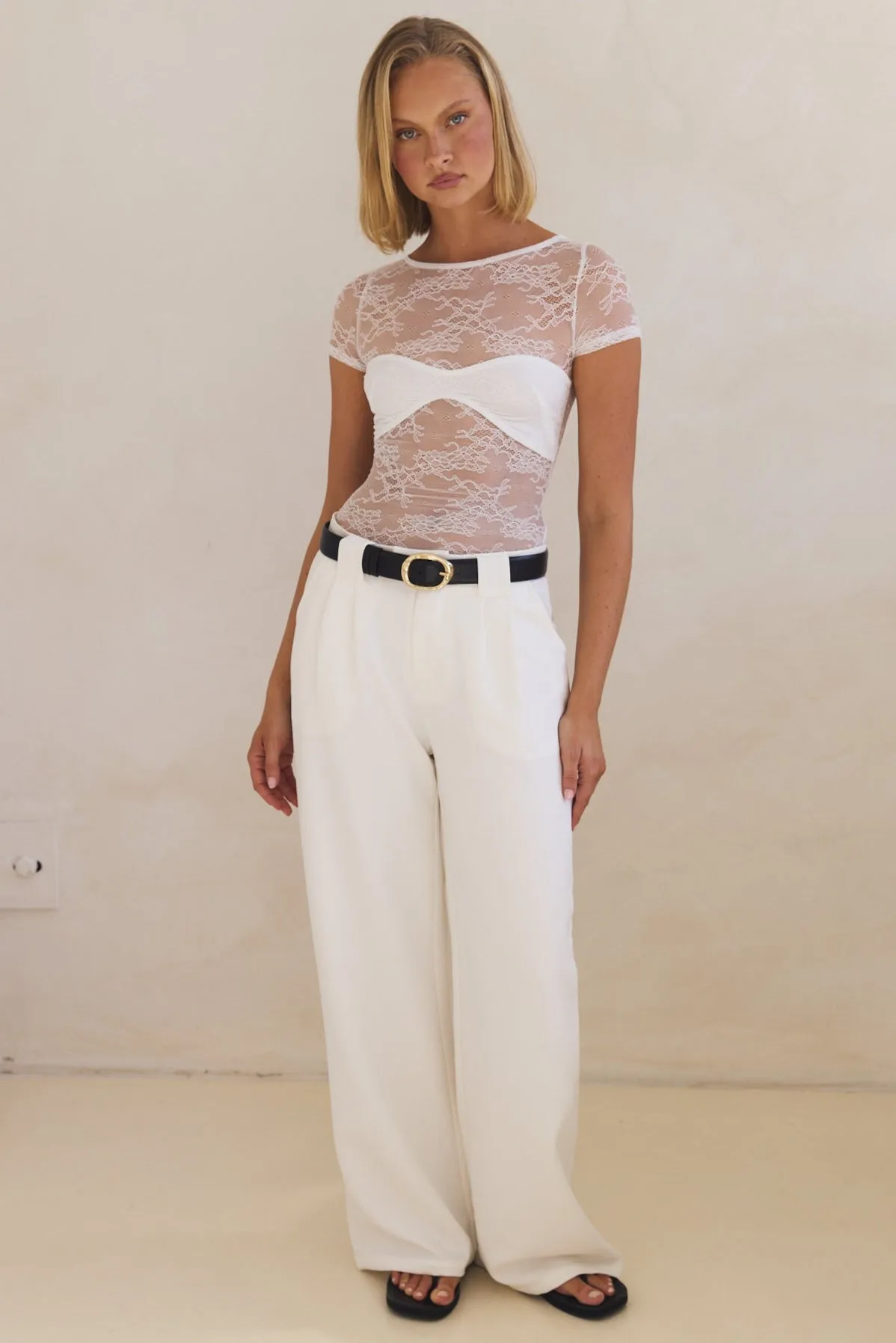 Kiera Short Sleeve Top (White) Stretch Knit Fabric Sporty Design