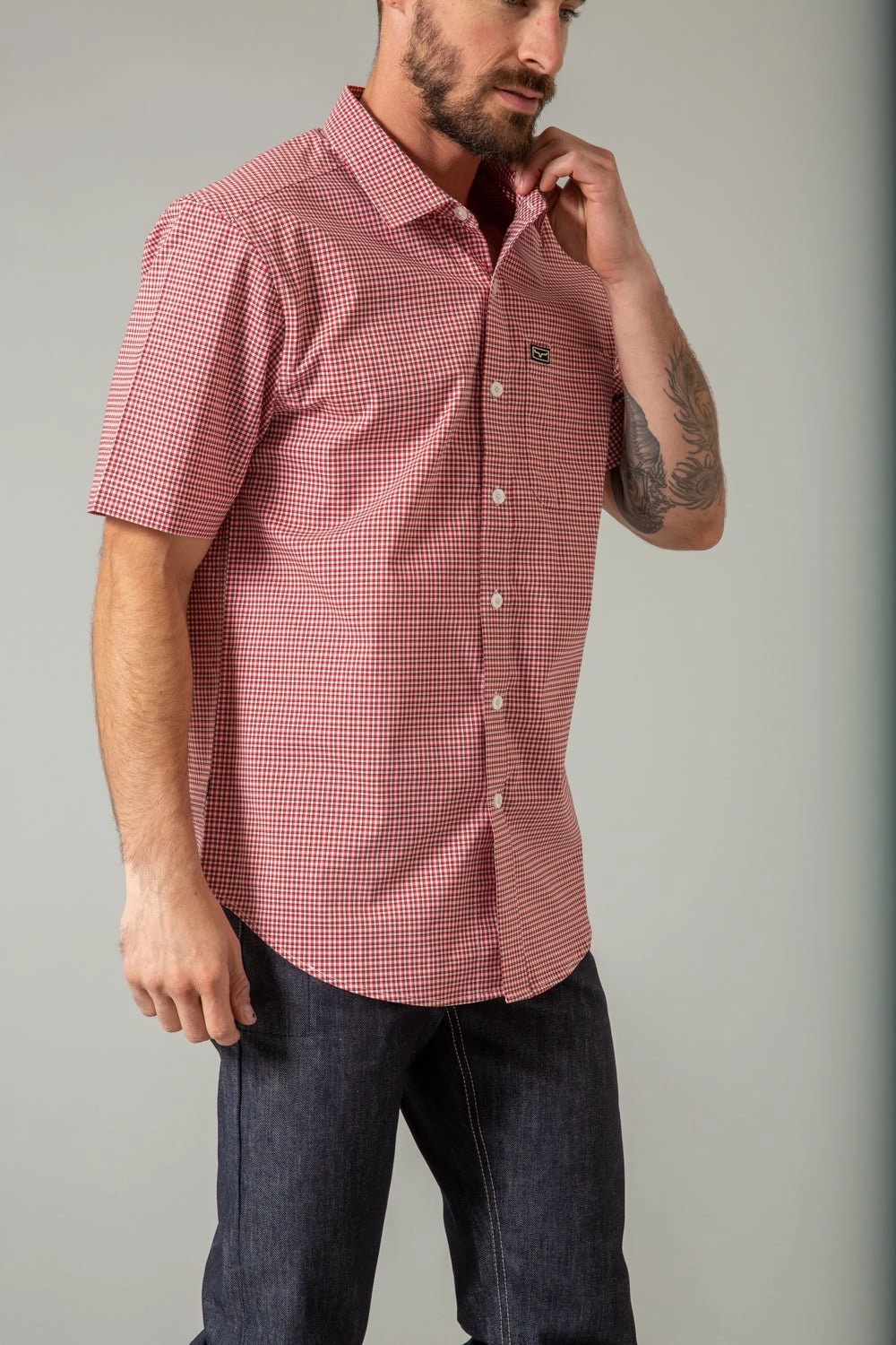 Snag Resistant Fabric Minimalist Fit Kimes Ranch Mens Chute Mini Check Red Cotton Blend S/S Shirt