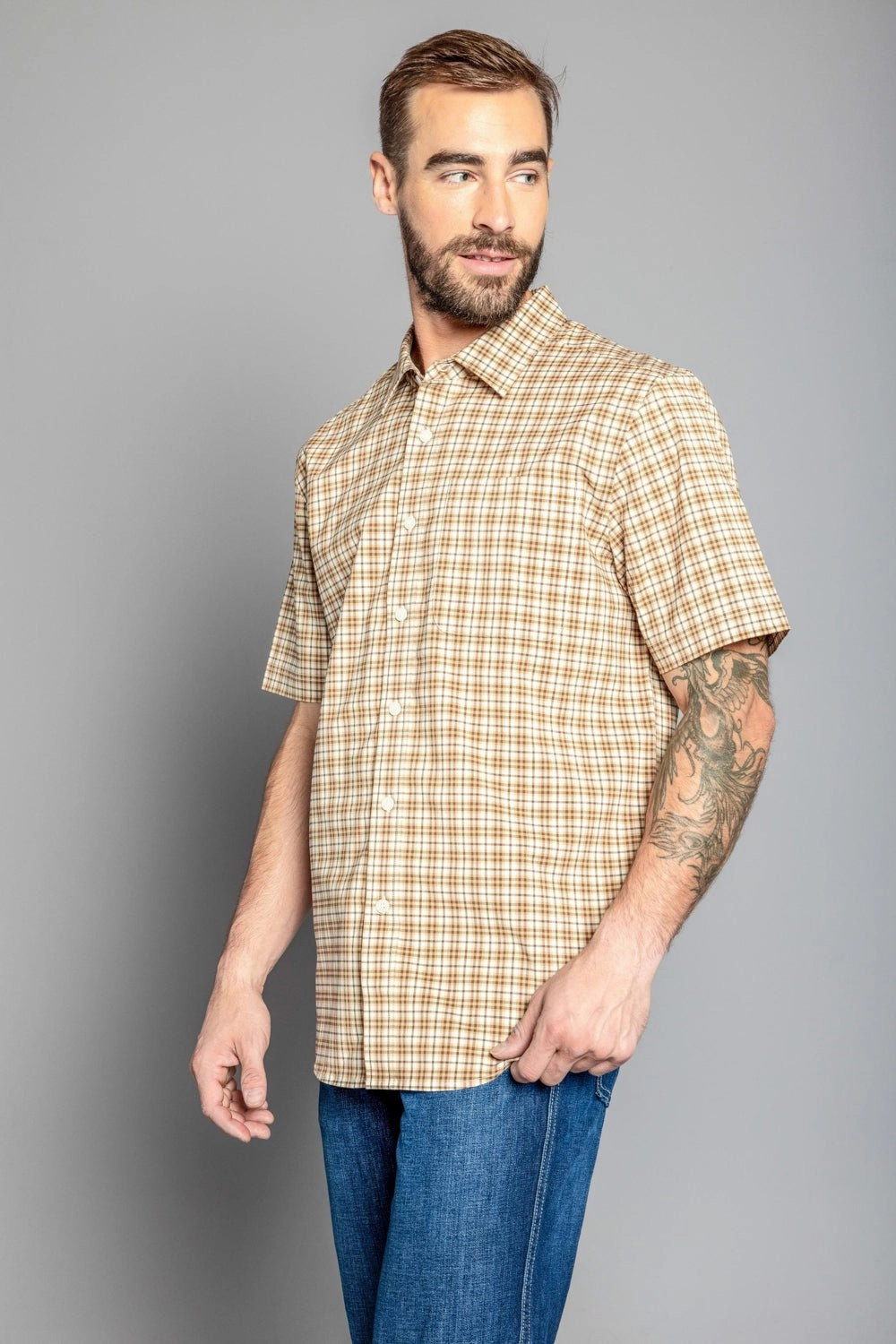 Modern Cut Local Favorite Kimes Ranch Mens Chute Mini Check Work Wear Brown Cotton Blend S/S Shirt
