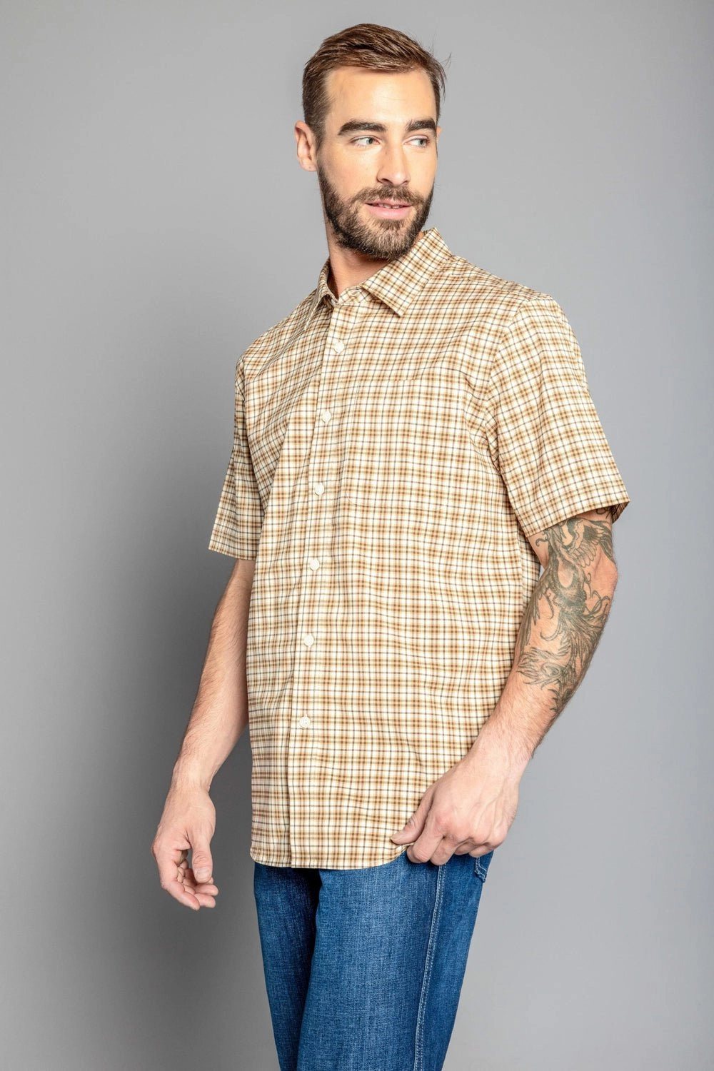 Kimes Ranch Mens Chute Mini Check Work Wear Brown Cotton Blend S/S Shirt Lakeside Relaxation
