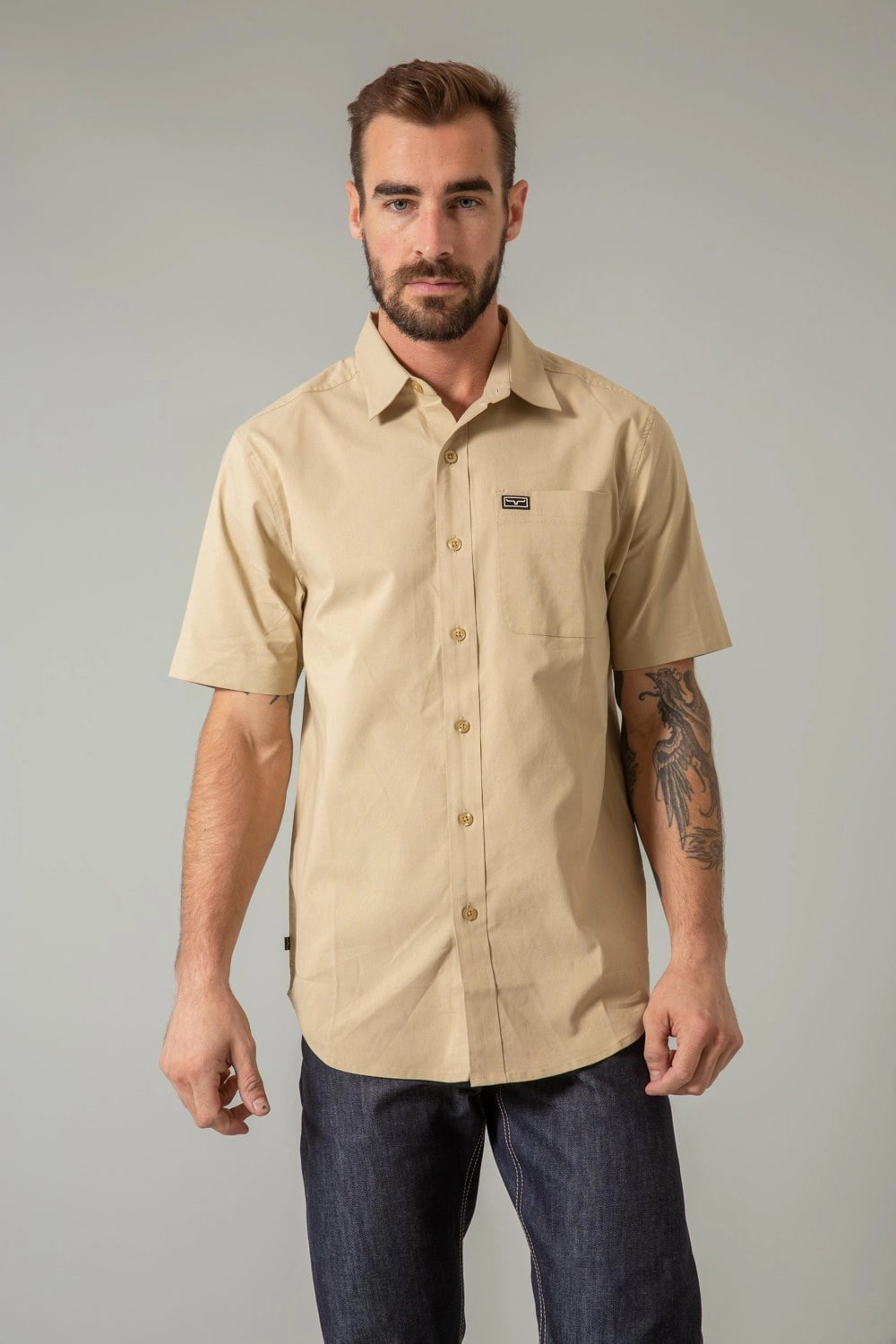 Kimes Ranch Mens Linville Solid Khaki Cotton Blend S/S Shirt High Neck Weekend Adventure