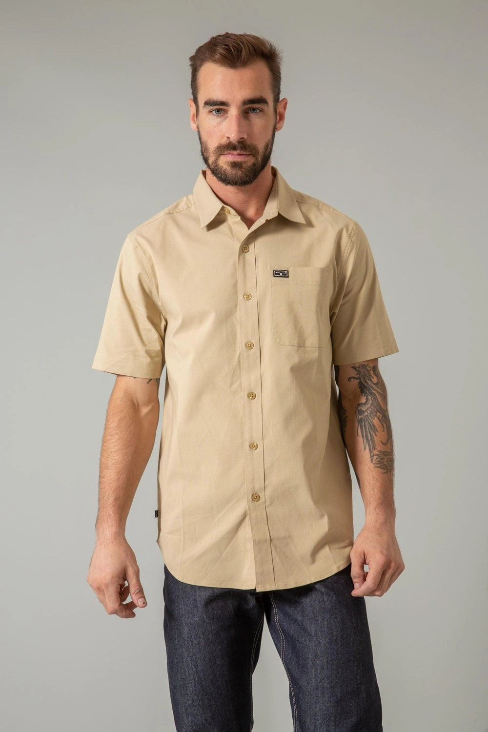 Kimes Ranch Mens Linville Solid Khaki Cotton Blend S/S Shirt Weekend Adventure