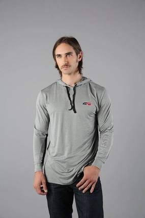 Kimes Ranch Mens Ninja Hood Tech Tee Grey Heather Poly/Spandex L/S T-Shirt Pocket Detailing