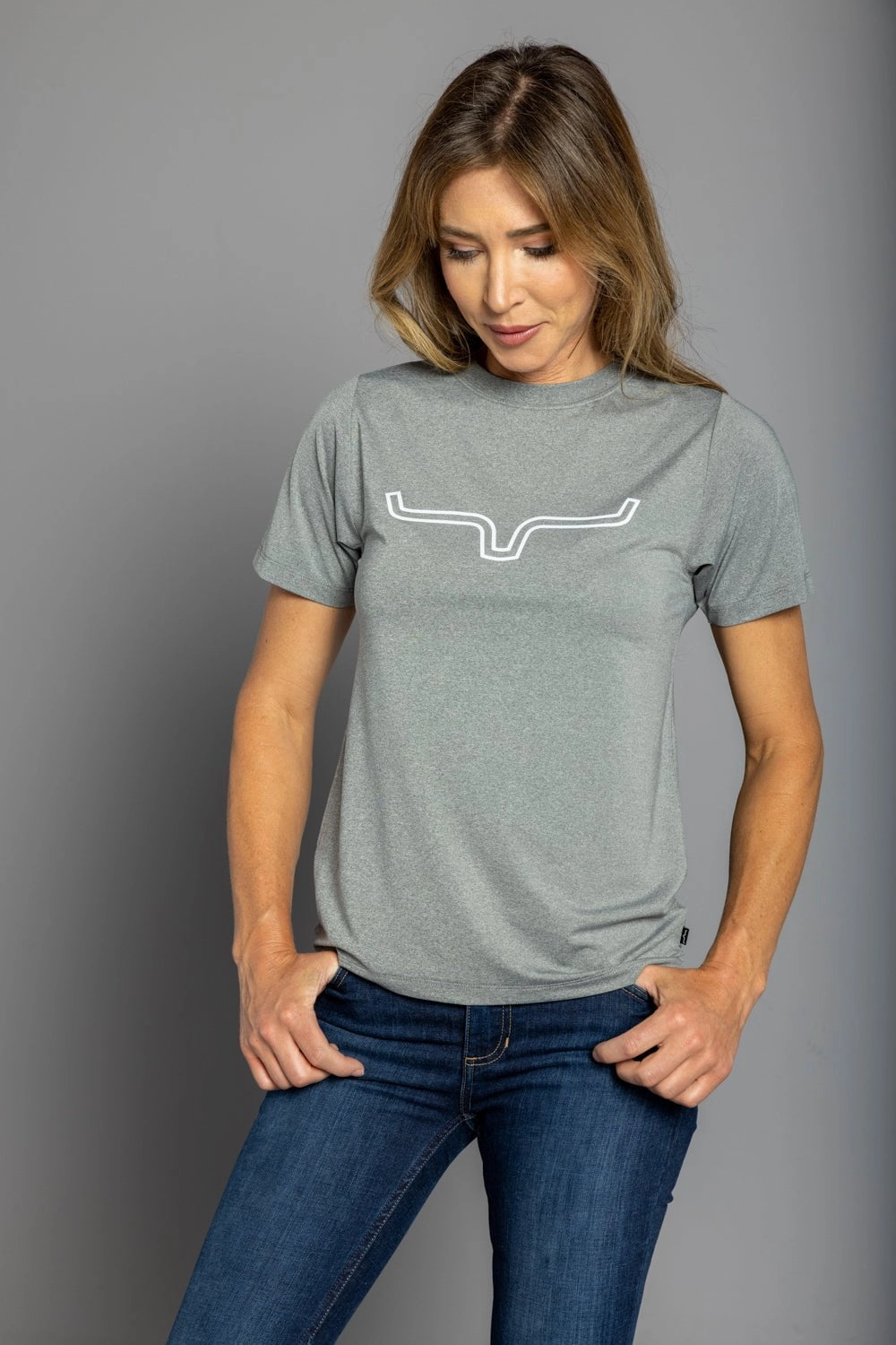 Kimes Ranch Womens Outlier Tech Tee Grey Heather Cotton Blend S/S T-Shirt Perfect Layering