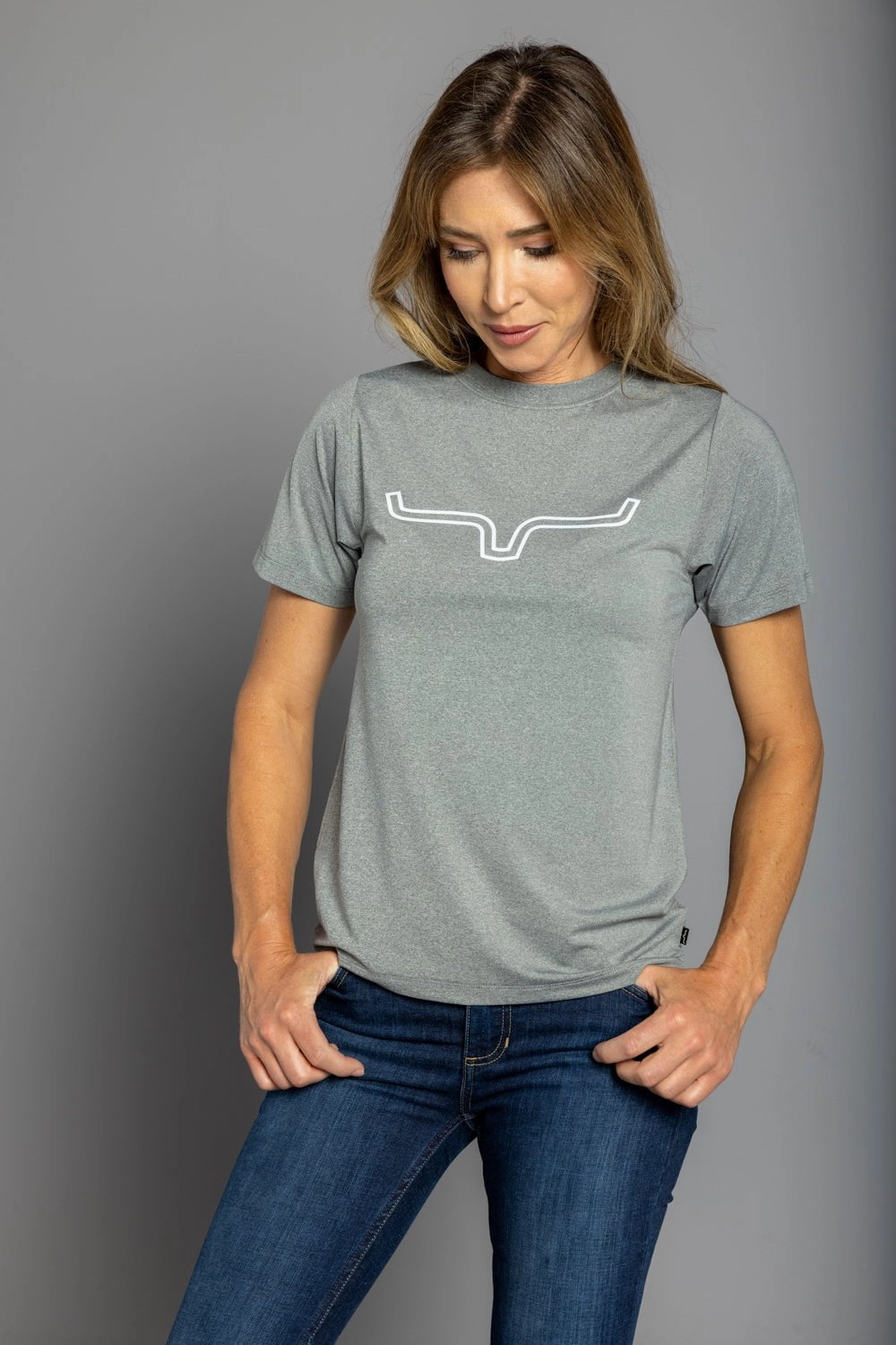 Kimes Ranch Womens Outlier Tech Tee Grey Heather Cotton Blend S/S T-Shirt Iconic look Active Lifestyle