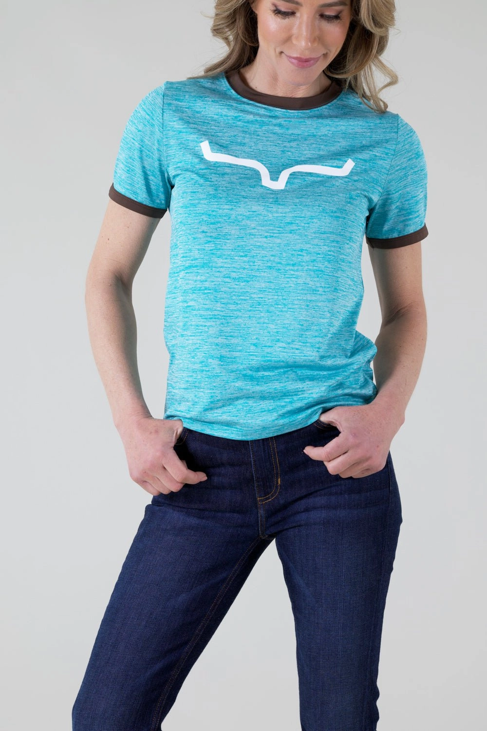 Kimes Ranch Womens Steadfast Ringer Tee Teal Poly/Spandex S/S T-Shirt Tailored Silhouette