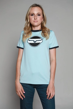 Kimes Ranch Womens Union Made Ringer Tee Blue Polyester S/S T-Shirt Summer Camp Minimal Design