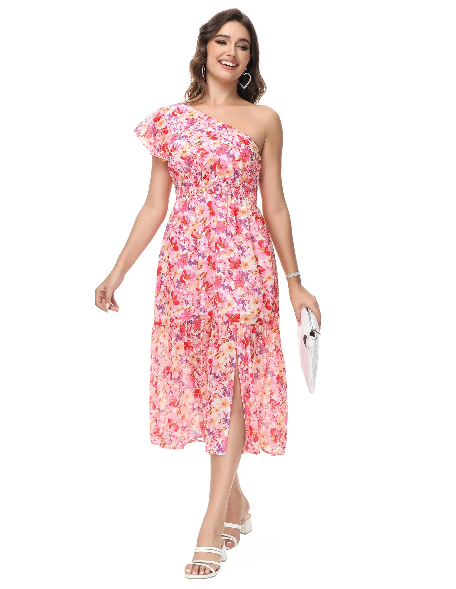 KK Women Elastic Waist Dress Short Sleeve Front Slit Tired A-Line Dress