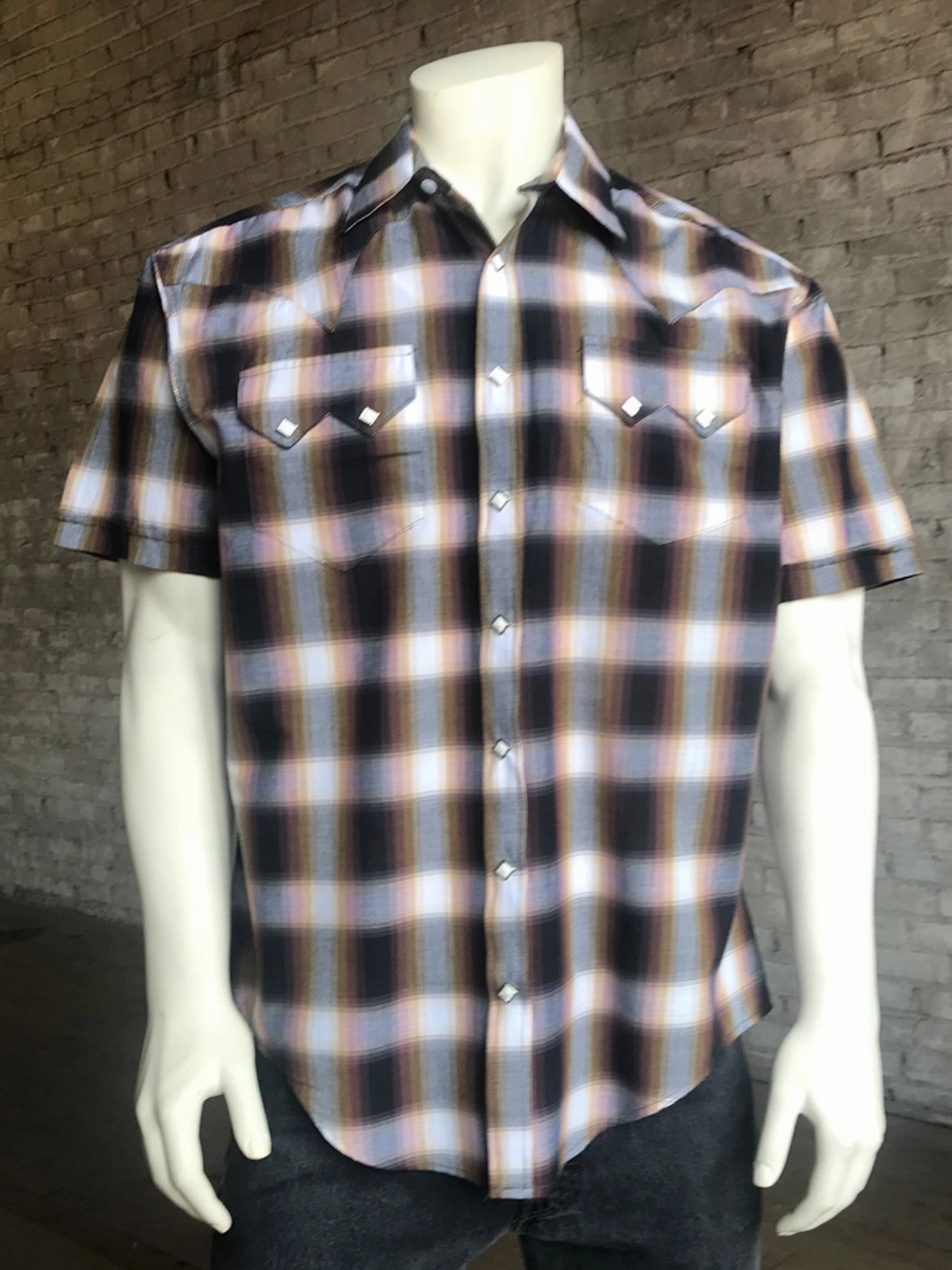 Ethical production Rockmount Mens Brown 100% Cotton Shadow Plaid Western S/S Shirt