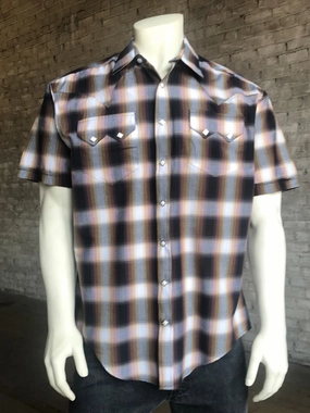 Ethical production Rockmount Mens Brown 100% Cotton Shadow Plaid Western S/S Shirt