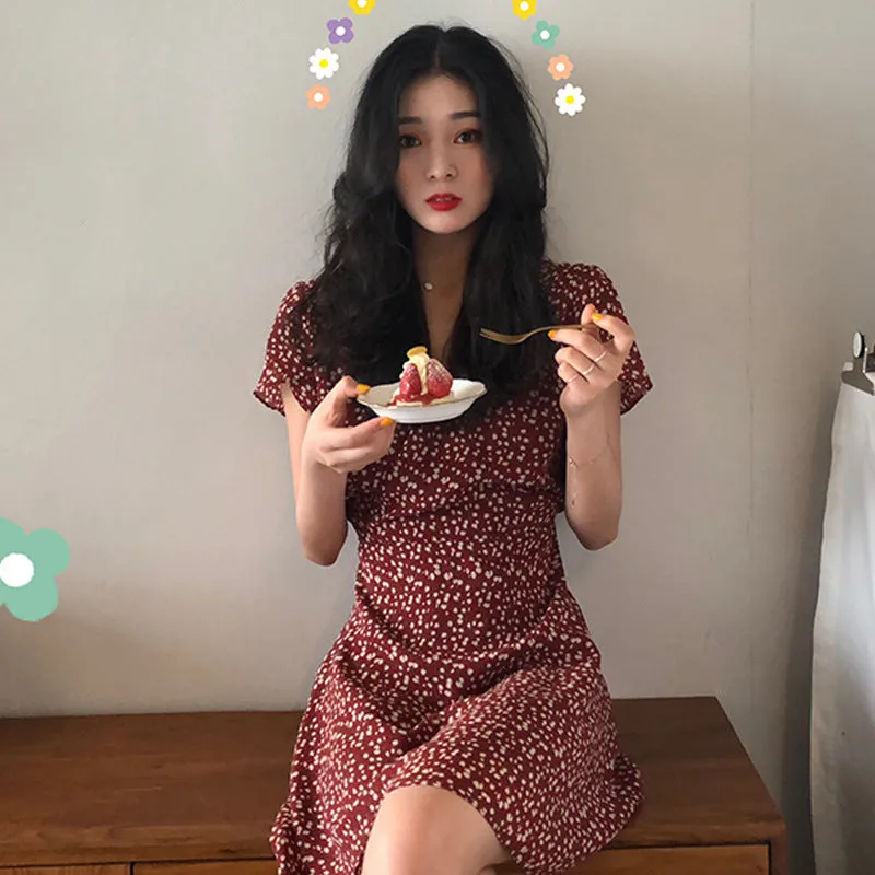 Korea ChicFrench Niche Elegant Young Look Floral Dress Sweet Look Teenage Girl V-Neck Slimming A-Line Skirt