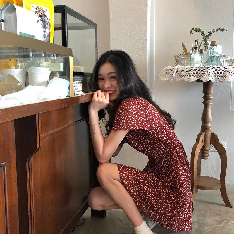Korea ChicFrench Niche Elegant Young Look Floral Dress Sweet Look Teenage Girl V-Neck Slimming A-Line Skirt