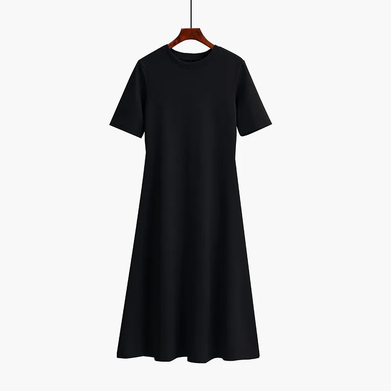 Korean Summer Short Sleeve Round-Neck Women All-Matching Elegant Mid-Length A-Line Dress