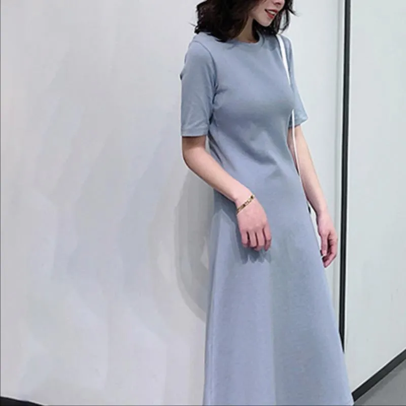 Korean Summer Short Sleeve Round-Neck Women All-Matching Elegant Mid-Length A-Line Dress