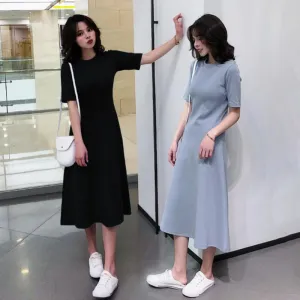 Korean Summer Short Sleeve Round-Neck Women All-Matching Elegant Mid-Length A-Line Dress