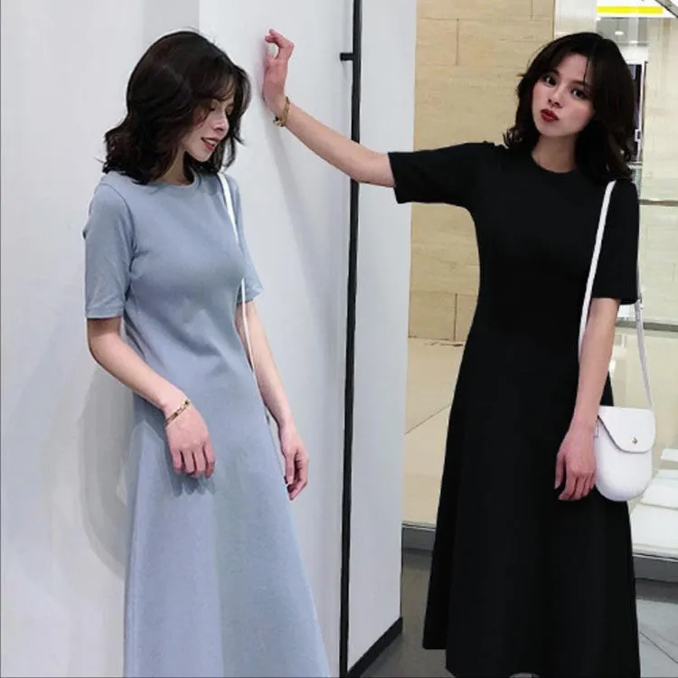 Korean Summer Short Sleeve Round-Neck Women All-Matching Elegant Mid-Length A-Line Dress