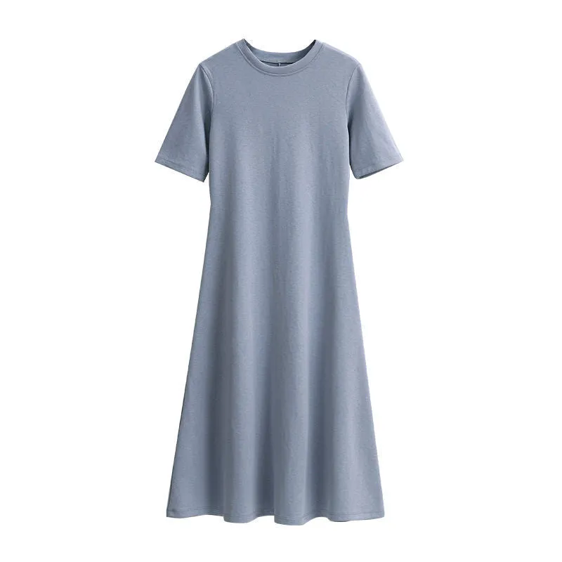 Korean Summer Short Sleeve Round-Neck Women All-Matching Elegant Mid-Length A-Line Dress