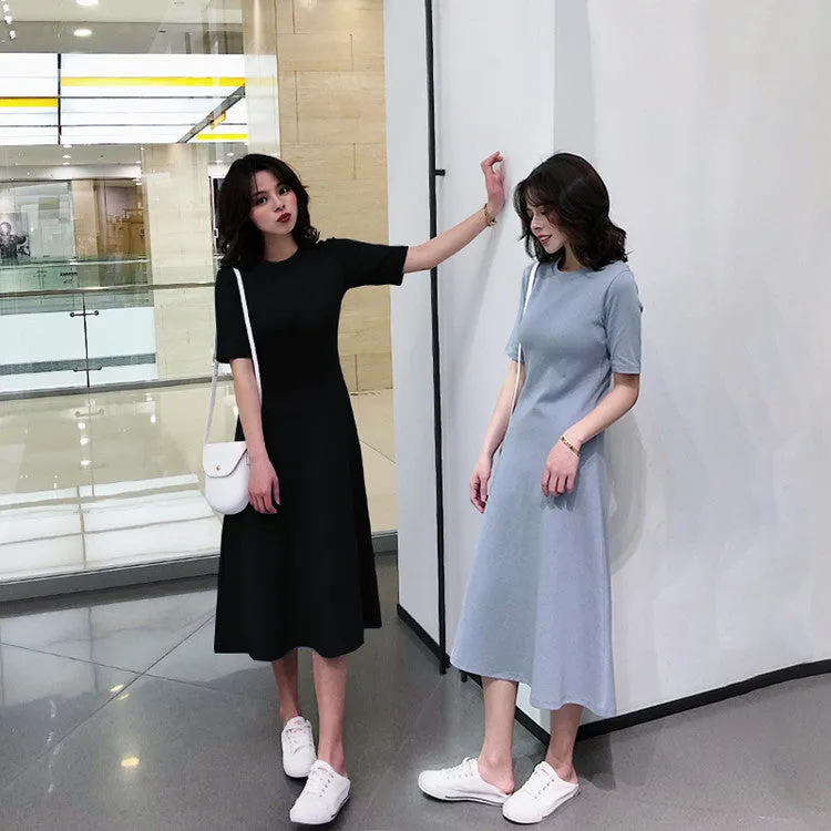 Korean Summer Short Sleeve Round-Neck Women All-Matching Elegant Mid-Length A-Line Dress