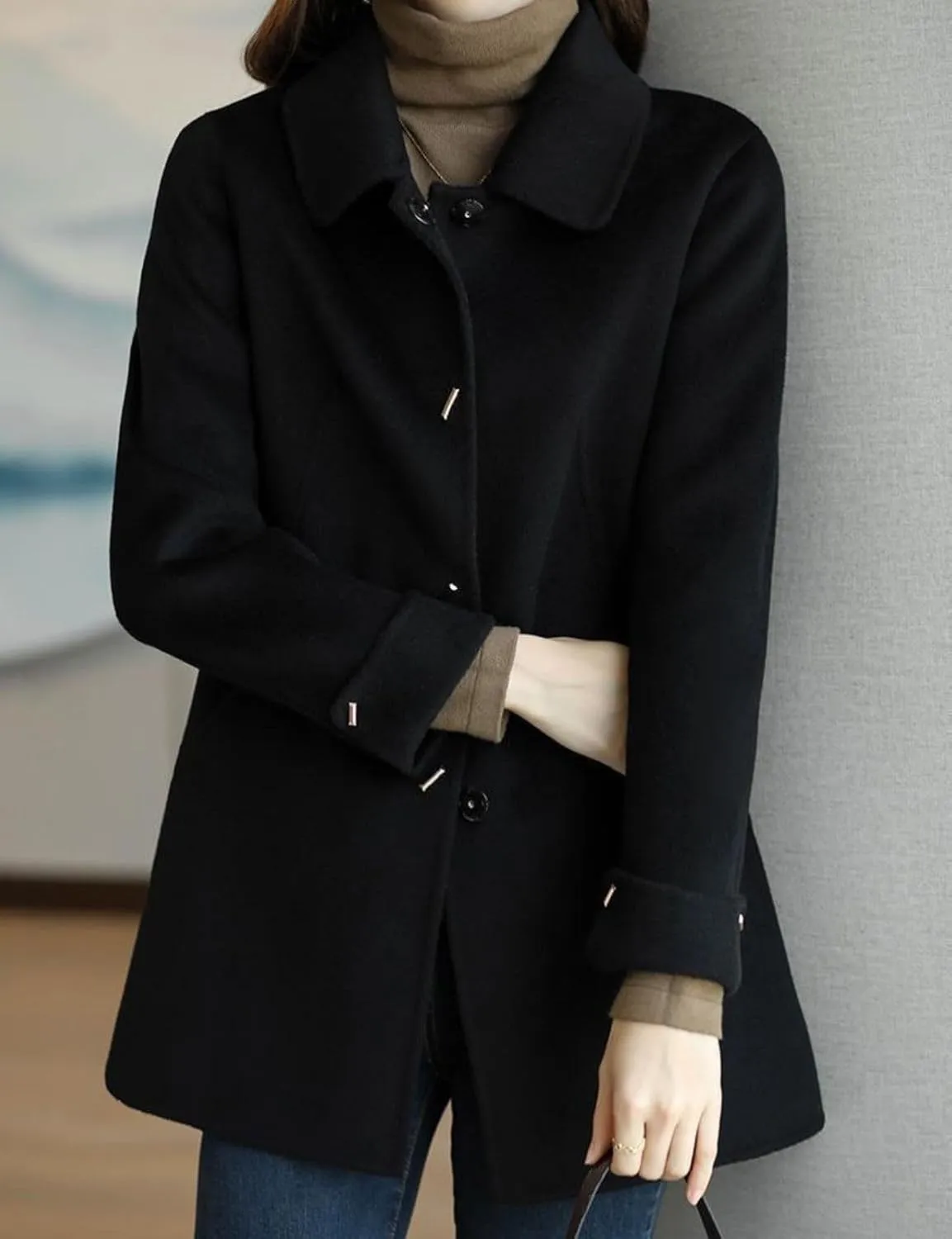 Kwoki Women's Single Breasted Pea Coat Casual Lapel Wool Blend Outwear Trenchcoat with Pockets