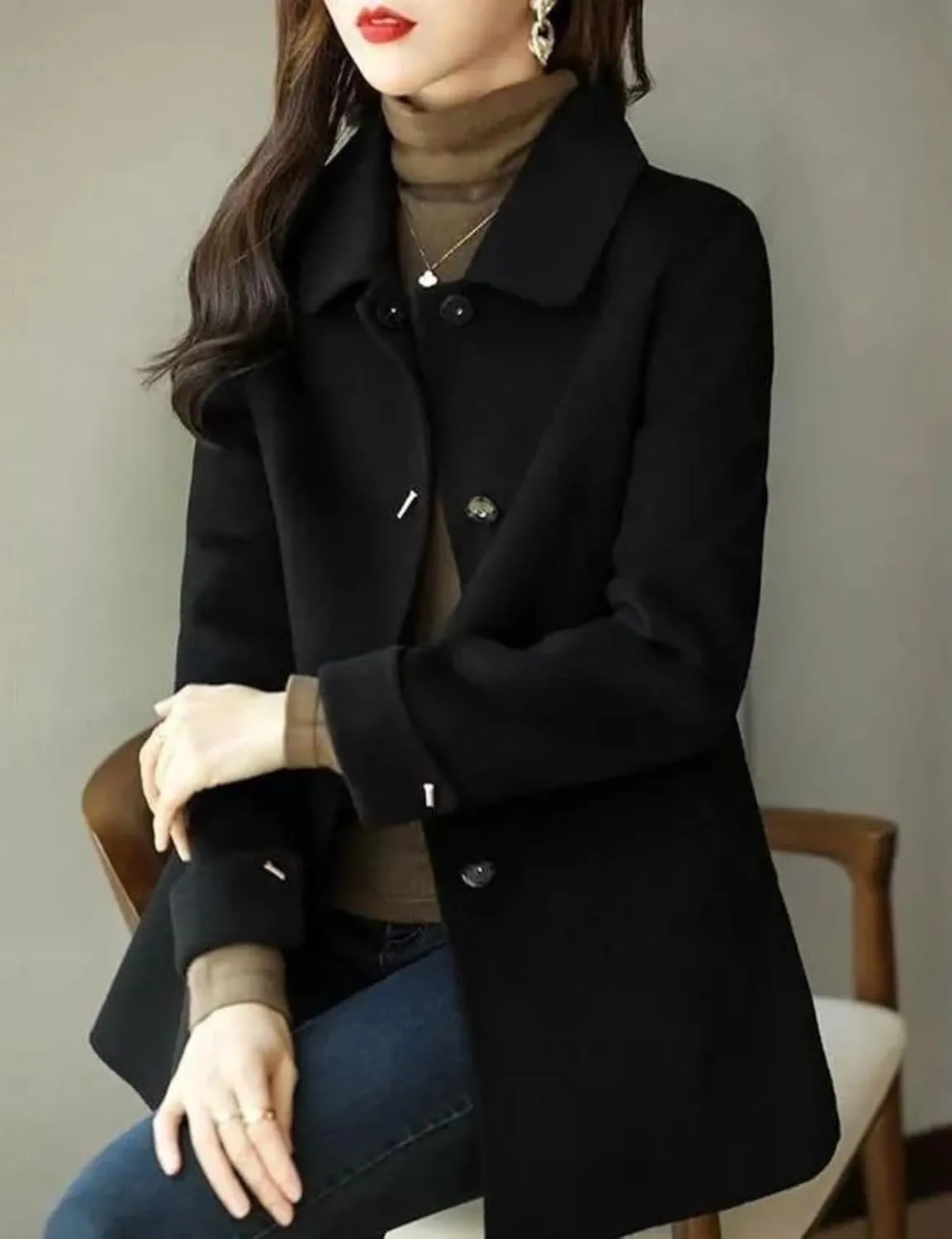 Kwoki Women's Single Breasted Pea Coat Casual Lapel Wool Blend Outwear Trenchcoat with Pockets