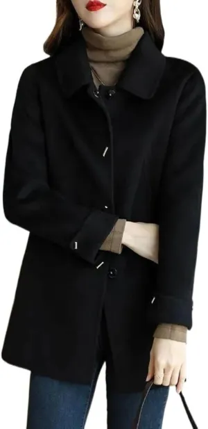 Kwoki Women's Single Breasted Pea Coat Casual Lapel Wool Blend Outwear Trenchcoat with Pockets