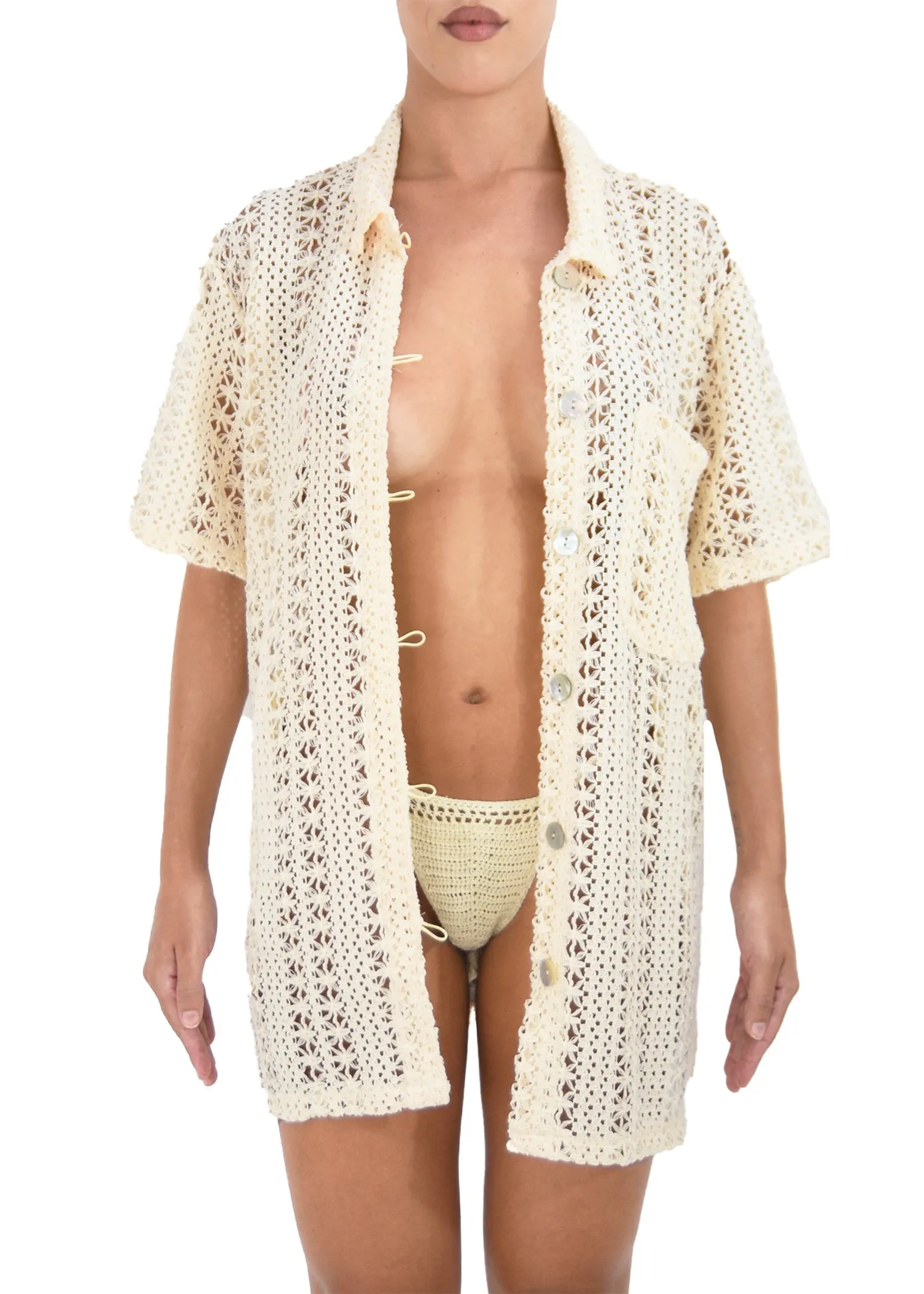 Adjustable Cuff La Playa Button Down | Beige Crochet