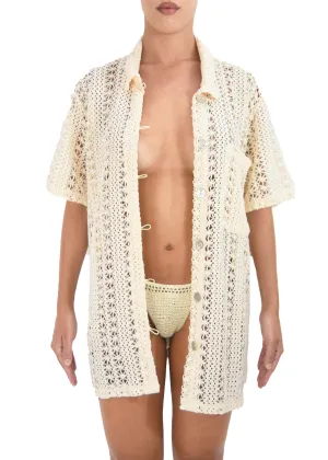 Adjustable Cuff La Playa Button Down | Beige Crochet