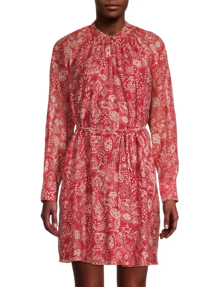 Labyrinth Rebecca Taylor Long Sleeve Shirt Dress in Labrynth Red Clay Combo