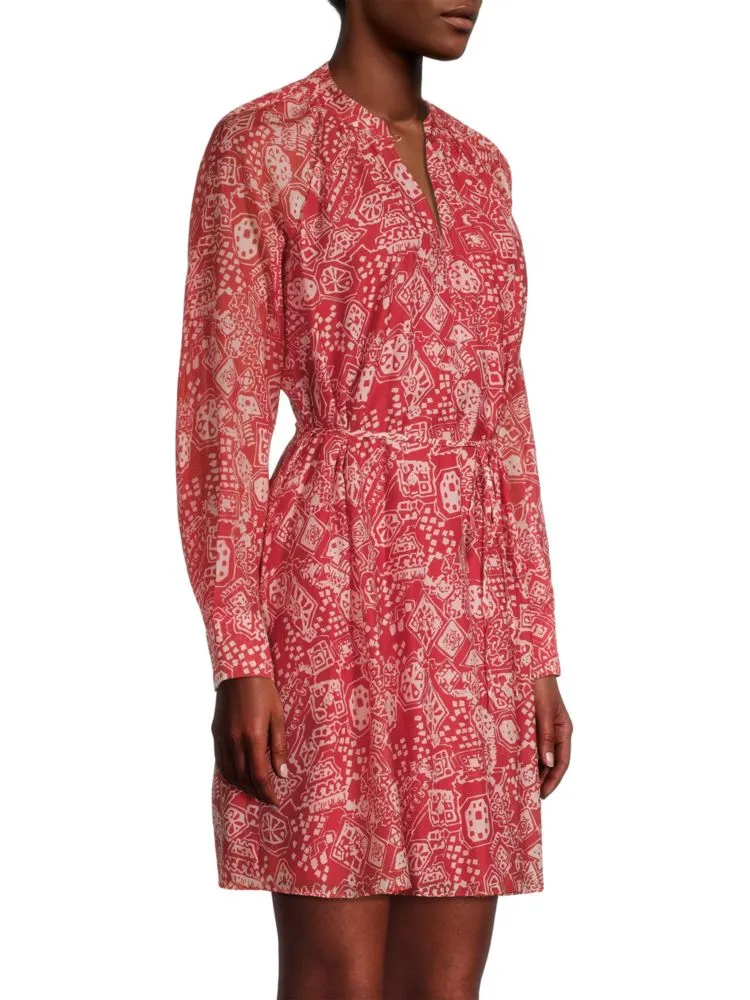 Labyrinth Rebecca Taylor Long Sleeve Shirt Dress in Labrynth Red Clay Combo