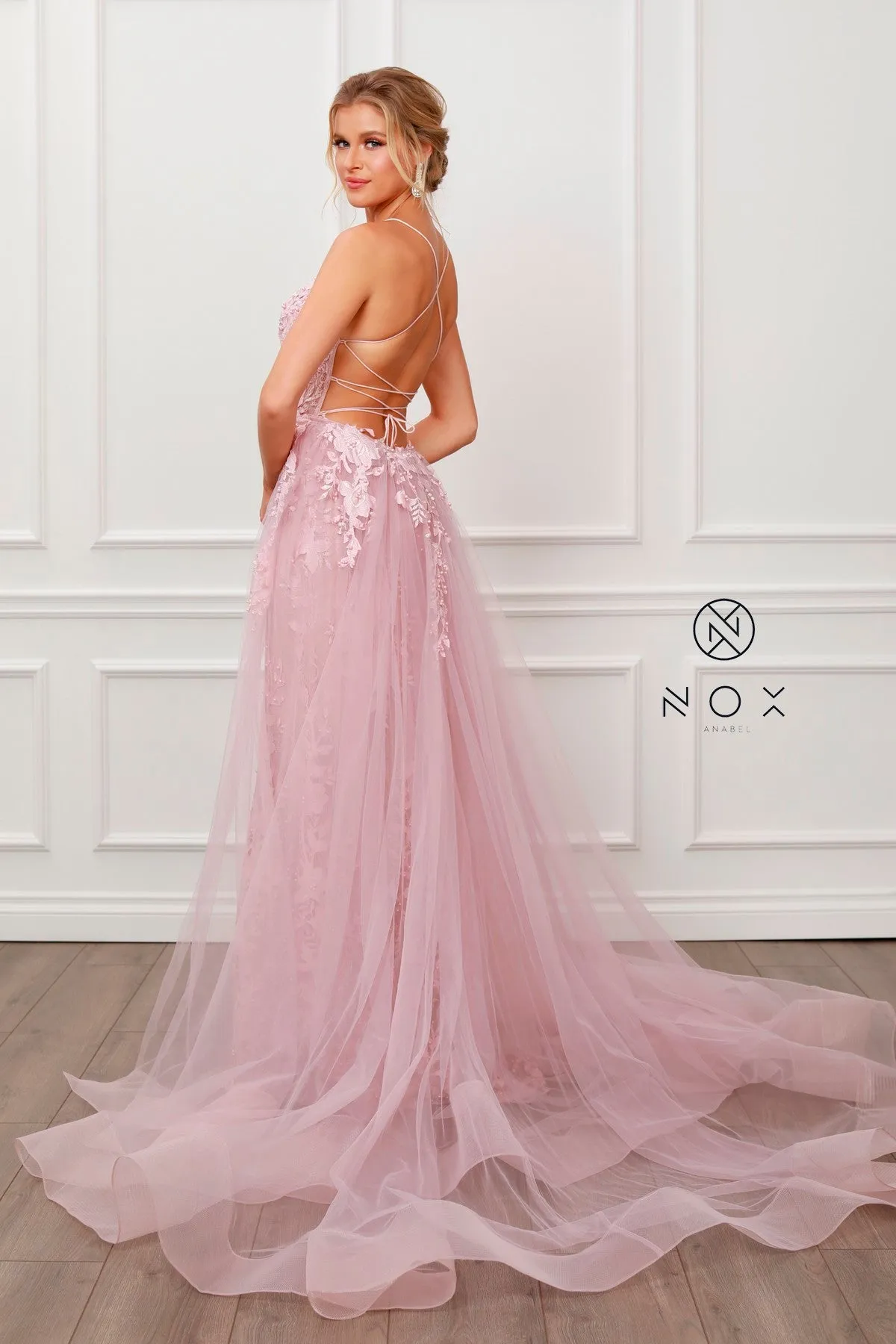 LACE AND BEADS EMBROIDERED MERMAID GOWN WITH OVERSKIRT_F485