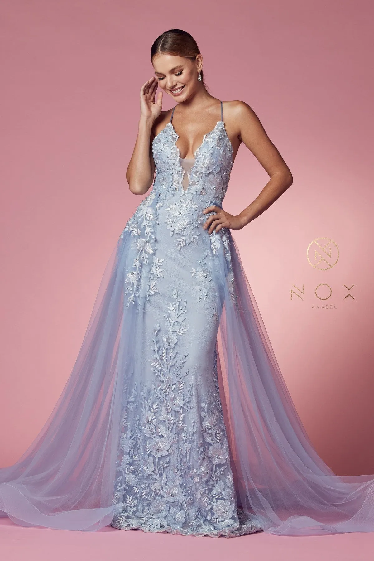 LACE AND BEADS EMBROIDERED MERMAID GOWN WITH OVERSKIRT_F485