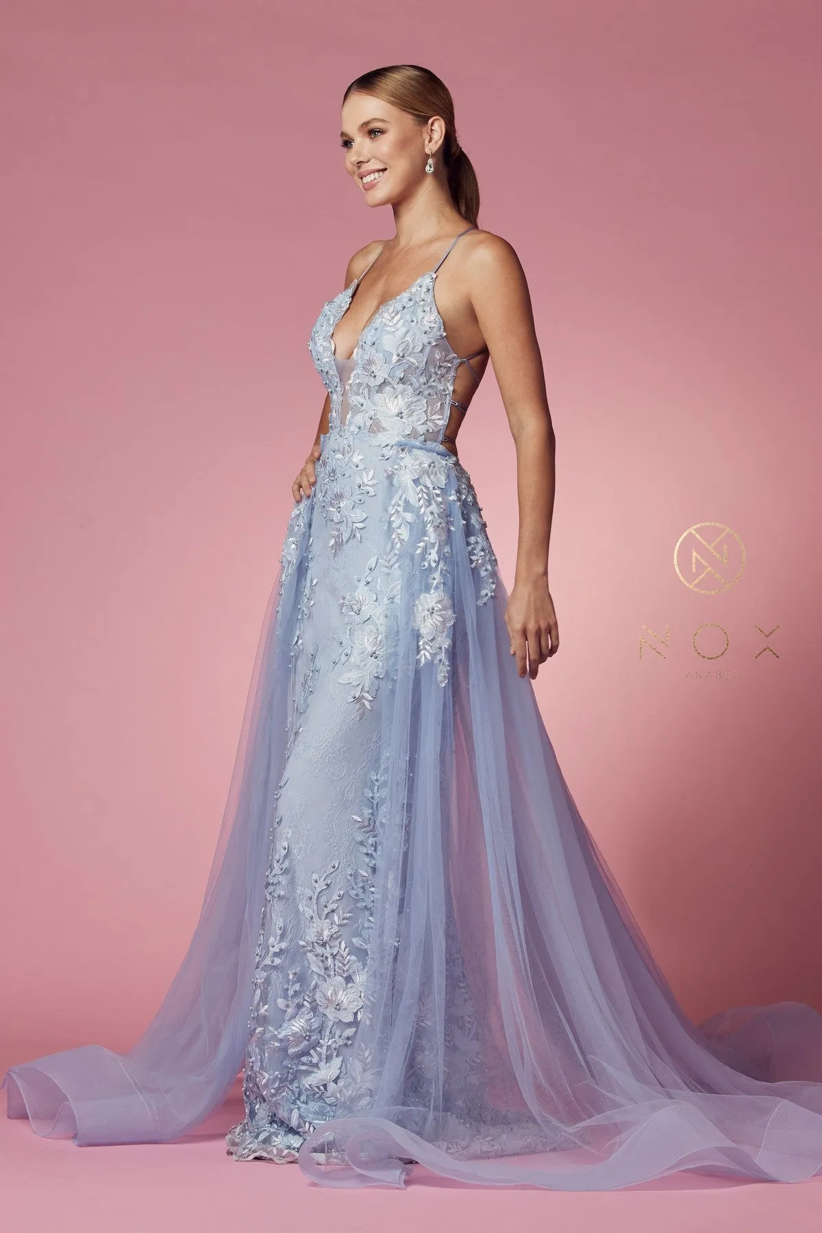 LACE AND BEADS EMBROIDERED MERMAID GOWN WITH OVERSKIRT_F485