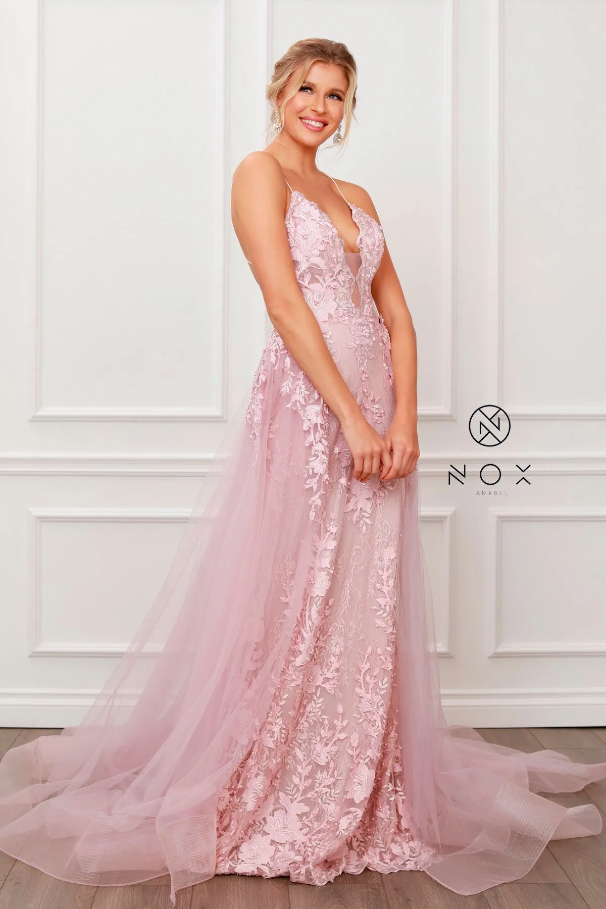 LACE AND BEADS EMBROIDERED MERMAID GOWN WITH OVERSKIRT_F485