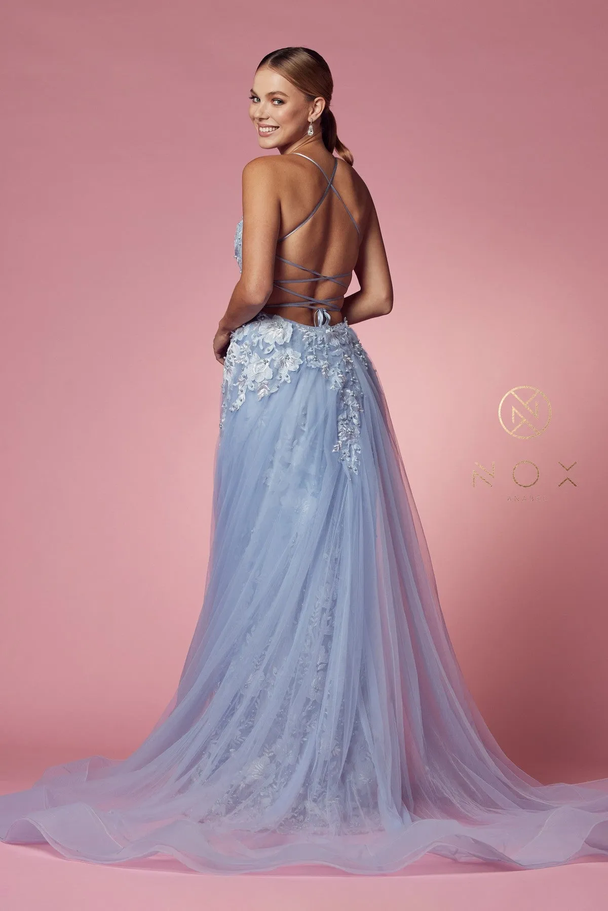 LACE AND BEADS EMBROIDERED MERMAID GOWN WITH OVERSKIRT_F485