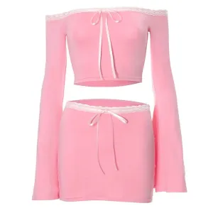 Lace hem long flared sleeve off shoulder ribbon mini skirt set