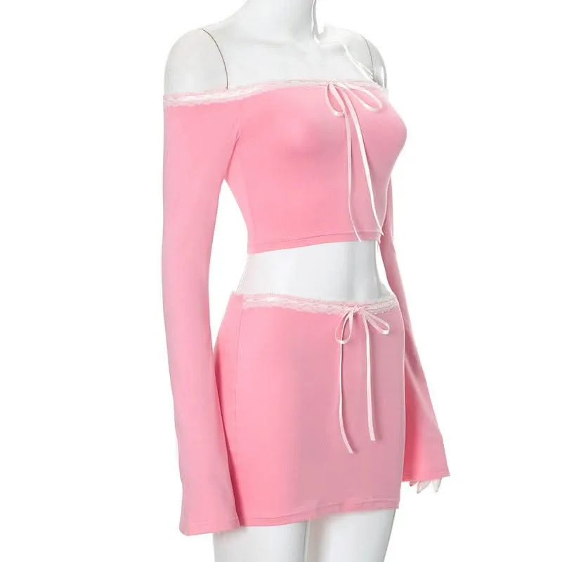 Lace hem long flared sleeve off shoulder ribbon mini skirt set