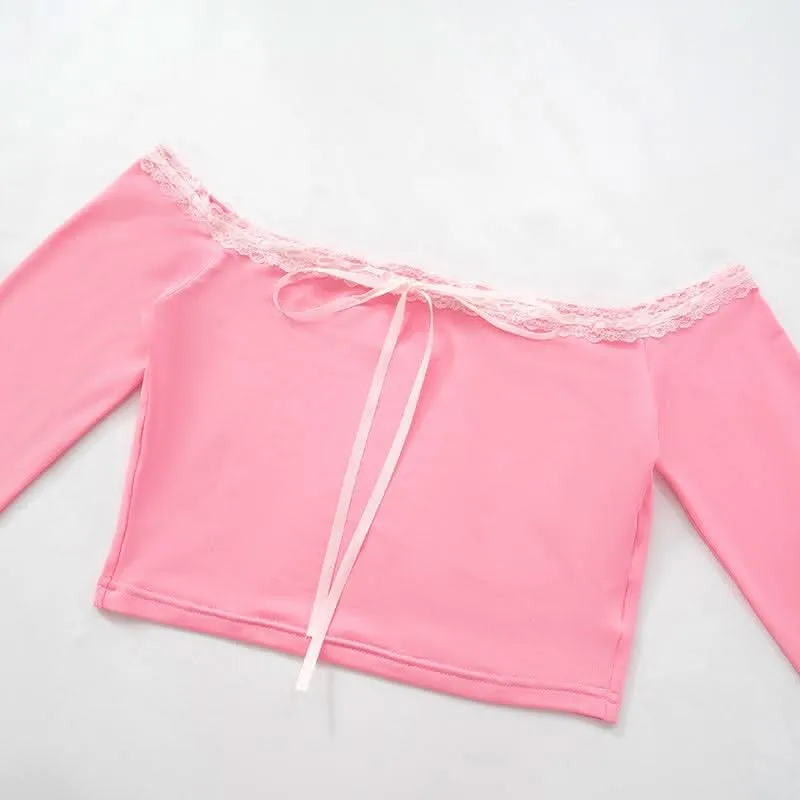 Lace hem long flared sleeve off shoulder ribbon mini skirt set