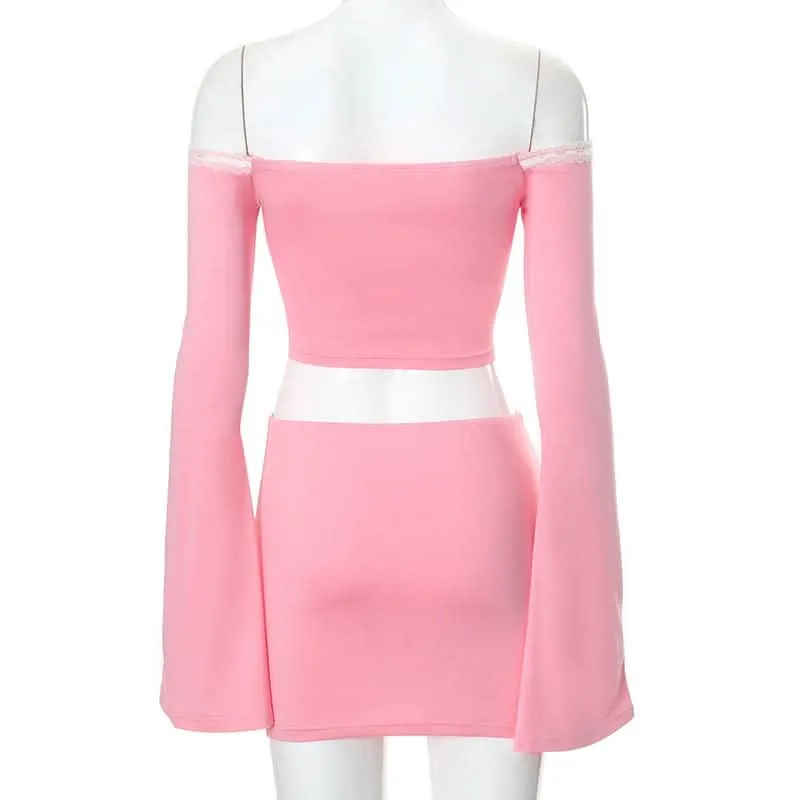 Lace hem long flared sleeve off shoulder ribbon mini skirt set