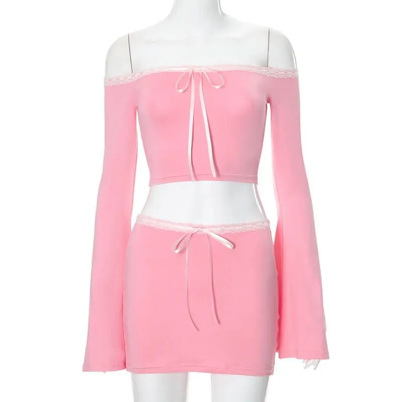 Lace hem long flared sleeve off shoulder ribbon mini skirt set