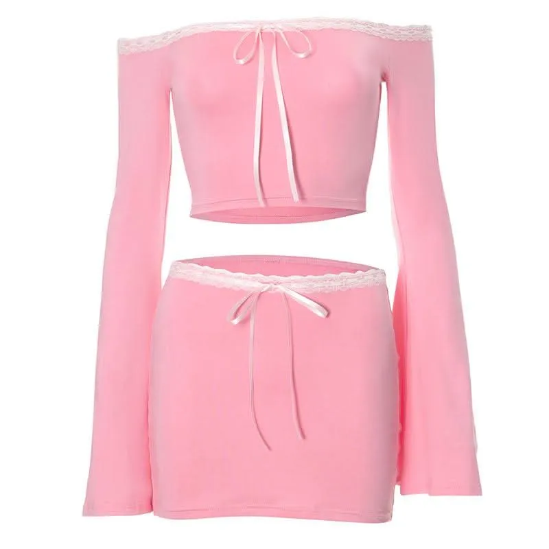 Lace hem long flared sleeve off shoulder ribbon mini skirt set