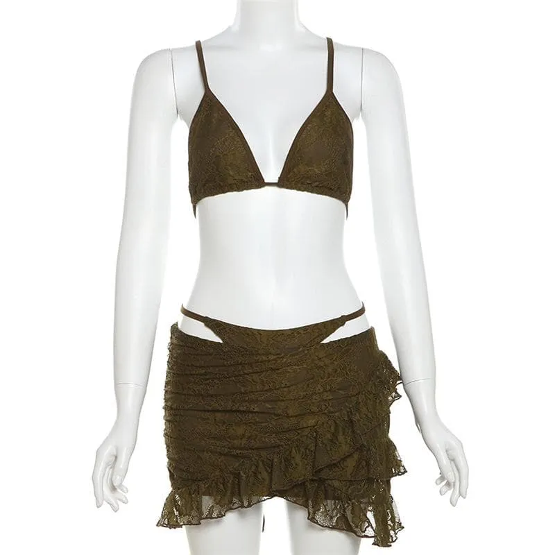Lace ruffle cami 3 piece mini skirt set
