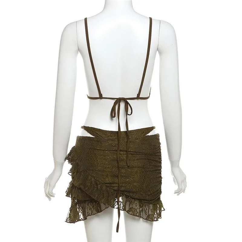 Lace ruffle cami 3 piece mini skirt set