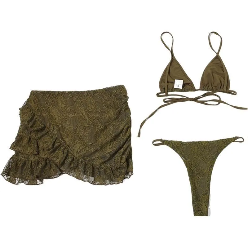 Lace ruffle cami 3 piece mini skirt set