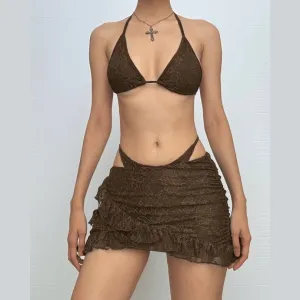 Lace ruffle cami 3 piece mini skirt set