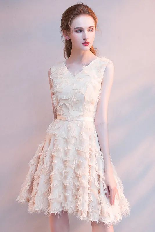Lace Sleeveless V Neck Prom Dress Short Homecoming Dress with Feather