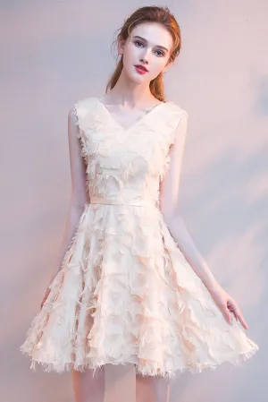 Lace Sleeveless V Neck Prom Dress Short Homecoming Dress with Feather