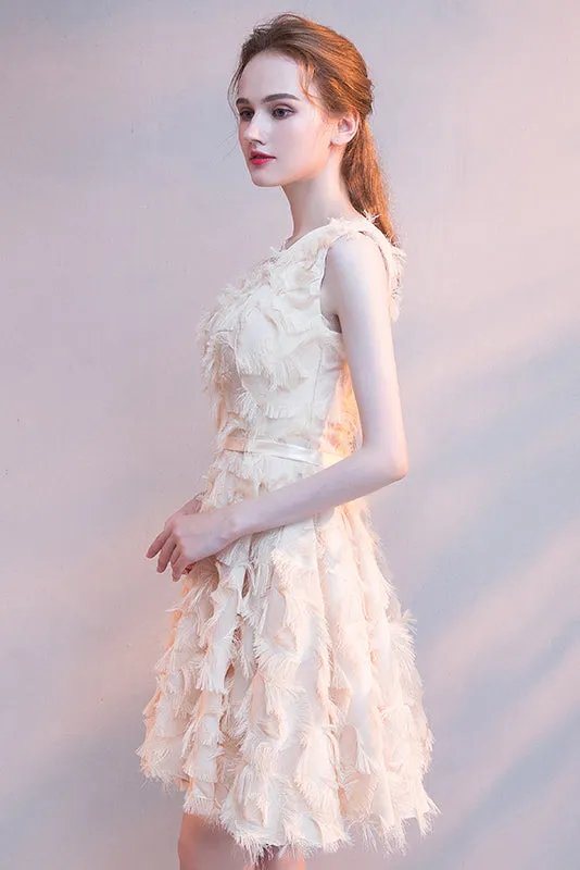 Lace Sleeveless V Neck Prom Dress Short Homecoming Dress with Feather